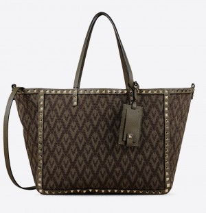 Valentino Military Green Viva Valentino Rockstud Double Medium Tote Bag