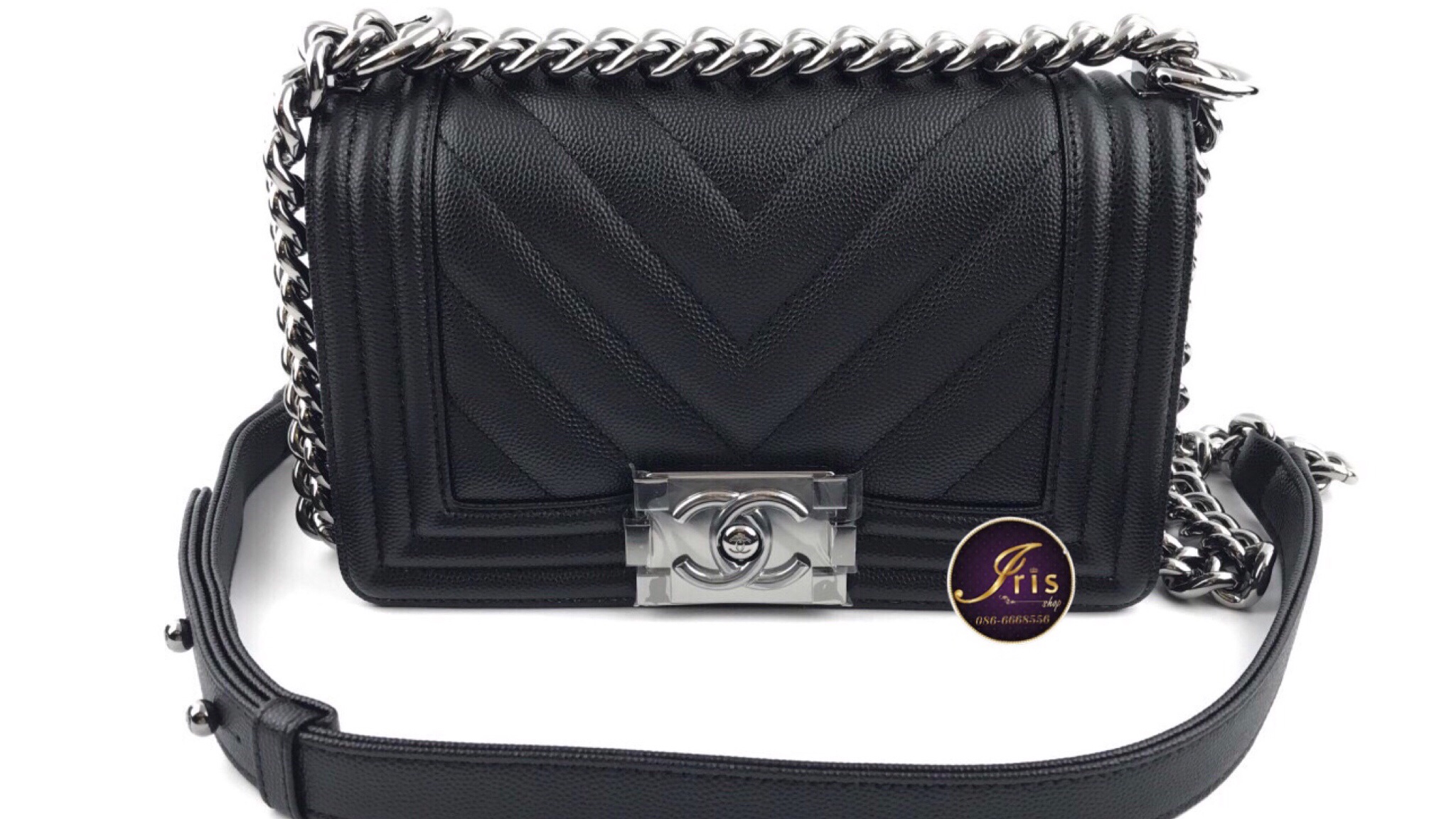 CHANEL BOY CAVIAR CHEVRON 8 IN BLACK SHW