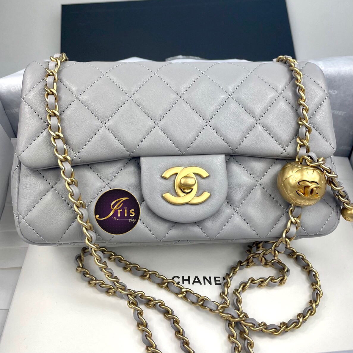 Chanel mini8” with gold ball adjustable chain gray lambskin ของใหม่  พร้อมส่ง‼️ – Iris Shop