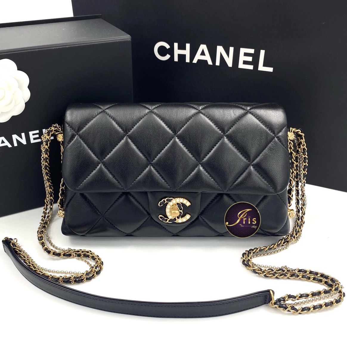 Chanel Logo Pearl Chain Bag